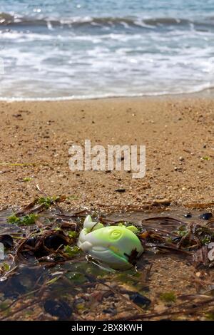 Poisson jouet en plastique sur la plage de l'océan, pollution de l'eau Banque D'Images