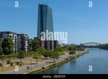 Bâtiments résidentiels sur le main River en face de la Banque centrale européenne, Francfort, Allemagne Banque D'Images