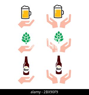 Bouteille de bière et verre d'amour, houblon avec les mains icônes ensemble - boisson alcoolisée, conception de bière artisanale Illustration de Vecteur