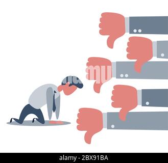 Groupe d'hommes d'affaires montrent peu comme ou contrairement pouces de la main vers le bas à un triste homme d'affaires caractère sur les genoux Illustration de Vecteur