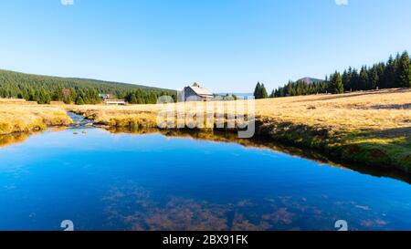 Petite montagne ruisseau qui serpend au milieu des prairies et de la forêt. Journée ensoleillée avec ciel bleu et nuages blancs dans les montagnes de Jizera, Bohême du Nord, République tchèque Banque D'Images