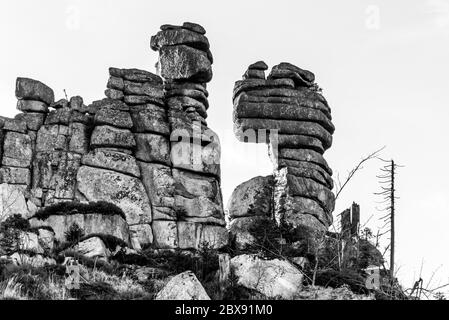 Formation unique de roche de granit érodée sur le sommet de Tristolicnik, Dreisesselberg. Parc national de Sumava et forêt bavaroise, république tchèque et Allemagne. Image en noir et blanc. Banque D'Images