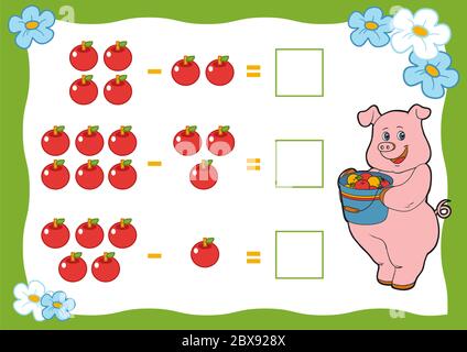 Jeu de comptage pour enfants de l'école préscolaire. Feuilles de calcul de soustraction. Porc et pomme. Éducation un jeu mathématique. Illustration de Vecteur