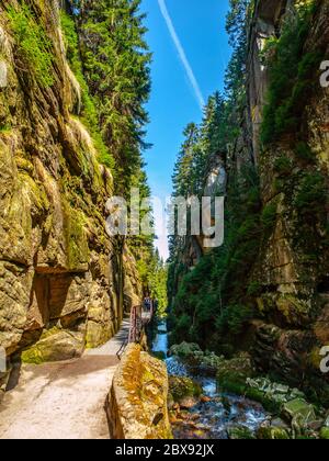 Gorge étroite sous la cascade de Kamienczyk dans les montagnes Giant, Pologne. Banque D'Images