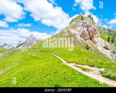 Paysage des Dolomites avec des prairies verdoyantes, ciel bleu, nuages blancs et montagnes rocheuses. Banque D'Images