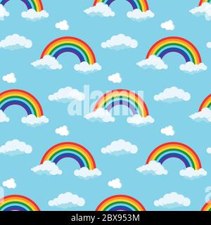 Arc-en-ciel avec nuages aux extrémités motif sans couture sur fond bleu ciel. Illustration de Vecteur