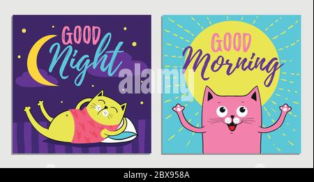 Illustrations de chats vectorielles de dessin animé, bonne nuit, matin Illustration de Vecteur