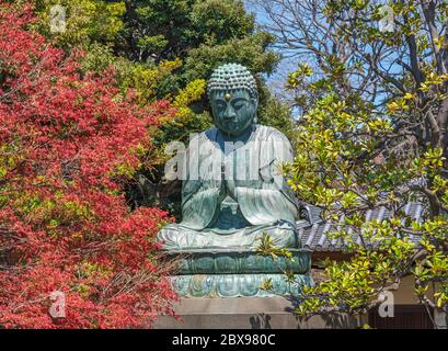 tokyo, japon - mars 31 2020: Statue de bronze géant représentant le Bouddha Shaka Nyorai dans le temple Tennoji du bouddhisme Tendai dans le cimetière Yanaka de Tok Banque D'Images