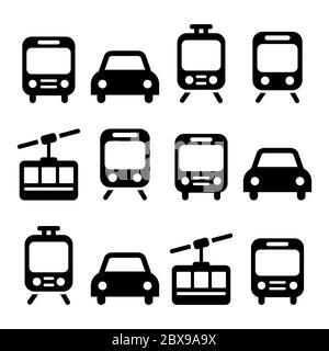 Transport, icône de vecteur de voyage isolée sur blanc - voiture, bus, tram, train, gondole Illustration de Vecteur