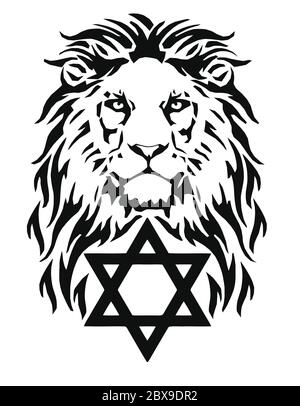 Le Lion et le symbole du Judaïsme - étoile de David, Megan David, dessin pour tatouage, sur fond blanc, vecteur Illustration de Vecteur