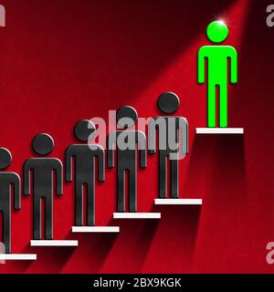 Illustration 3D de figures humaines noires, la plus haute vert, sur un escalier avec marches blanches et mur rouge. Leadership et réussite Banque D'Images