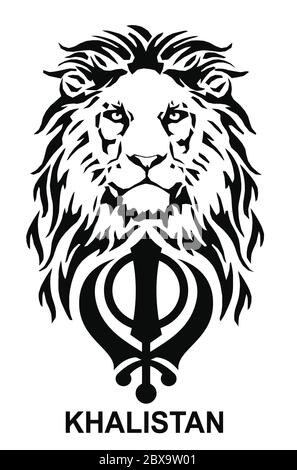 Le Lion et le symbole le plus significatif du Sikhisme - signe de Khansa et du Khalistan, dessinant pour tatouage, sur fond blanc, vecteur Illustration de Vecteur