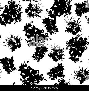 Motif fleuri sans coutures avec différentes fleurs et feuilles. Noir et blanc Illustration botanique peinte à la main. Imprimé textile, nuance de tissu, emballage Banque D'Images