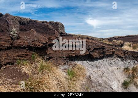 Des travaux de charbon réduits montrant la profondeur de la tourbe, une importante capture de cabons, sur Stonesdale Moor dans le parc national de Yorkshire Dales, Royaume-Uni. Banque D'Images