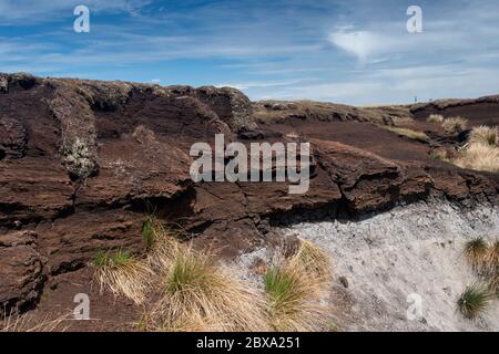 Des travaux de charbon réduits montrant la profondeur de la tourbe, une importante capture de cabons, sur Stonesdale Moor dans le parc national de Yorkshire Dales, Royaume-Uni. Banque D'Images