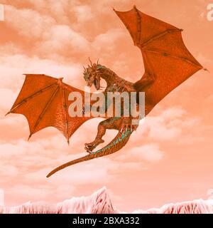 dragon de l'enfer rouge prêt à attaquer sur terre chaude, illustration 3d Banque D'Images