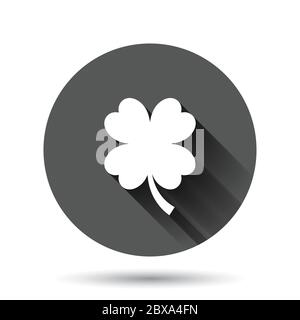 Icône de trèfle à quatre feuilles de style plat. Illustration vectorielle de la St Patrick sur fond noir rond avec effet d'ombre long. Bouton circulaire en forme de fleur Illustration de Vecteur