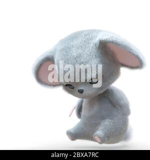 mini souris dessin animé sur fond blanc est triste, illustration 3d Banque D'Images