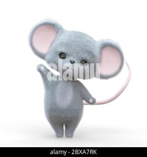 mini souris dessin animé sur fond blanc, en disant bonjour, illustration 3d Banque D'Images