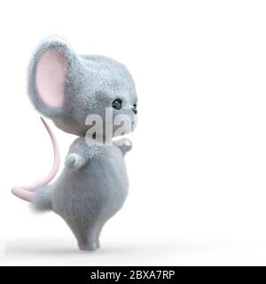 mini souris dessin animé sur fond blanc vue latérale avec espace de copie, illustration 3d Banque D'Images