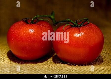 Deux tomates avec des gouttes d'eau sont assises sur un chiffon de toile de jute. Banque D'Images