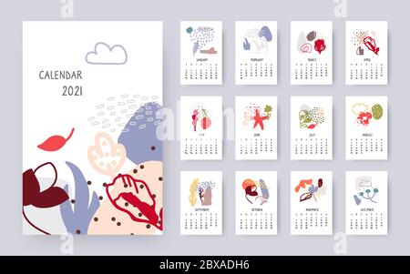 Calendrier floral abstrait 2021 ans. Ensemble de modèles d'art moderne et créatif avec éléments organiques en forme de coolé. Objets décoratifs simples de formes différentes avec des taches, des points, des lignes. Illustration vectorielle isolée Illustration de Vecteur