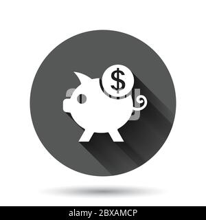 Icône de la caisse d'argent en forme de plat. Illustration du vecteur du conteneur de porc sur fond noir rond avec effet d'ombre longue. Banque de piggy cercle bouton affaires c Illustration de Vecteur