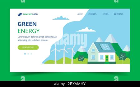 Page d'atterrissage énergie verte avec une maison avec panneaux solaires, éoliennes. Illustration de concept pour l'écologie, l'énergie verte, l'énergie éolienne, la durabilité Illustration de Vecteur