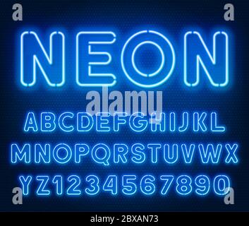 Police bleu fluo arrondie, alphabet lumineux avec chiffres. Sur fond sombre. Illustration de Vecteur