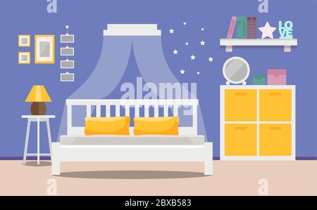 Chambre intérieur moderne - un lit avec un cabinet, design d'appartement. Illustration vectorielle de style plat. Illustration de Vecteur