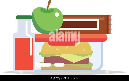 Boîte à lunch - boîte à repas avec hamburger, pomme, chocolat et jus. Repas scolaire, déjeuner des enfants. Illustration de Vecteur