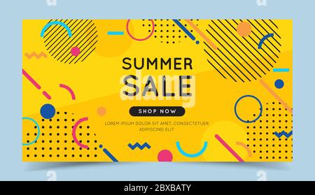 Solde d'été bannière colorée avec éléments géométriques abstraits tendance et fond lumineux. Modèle d'illustration vectorielle de style plat Illustration de Vecteur