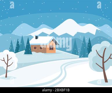 Paysage d'hiver blanc enneigé avec une jolie maison de campagne, des montagnes et des arbres. Illustration vectorielle de style plat. Illustration de Vecteur