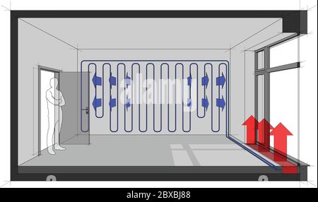 chambre vide avec porte et grande fenêtre et homme debout dans la porte ouverte et le refroidissement mural et convecteur de sol pour le chauffage devant la fenêtre Illustration de Vecteur