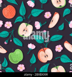 Superbe motif sans couture. Pommes, feuilles et fleurs sur fond sombre. Illustration vectorielle. Illustration de Vecteur