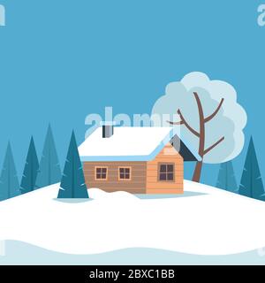 Paysage d'hiver blanc enneigé avec une jolie maison de campagne, des montagnes et des arbres. Illustration vectorielle de style plat. Illustration de Vecteur