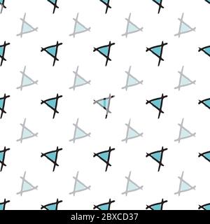 Grille de triangles en forme de enfant avec triangles dessinés au centre bleu vectorisé à la main répétition sans couture avec dessins à l'encre. Motif de surface Illustration de Vecteur