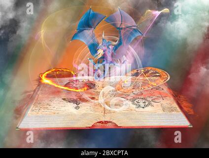 dragon sur le feu sur le fond magique livre de conte de fées, mettra un peu de plaisir dans vos créations, illustration 3d Banque D'Images