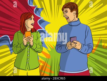 Portrait de jeunes caucasiens heureux positif homme et femme excités en utilisant le téléphone mobile. Style de bande dessinée, illustration vectorielle de dessin animé. Illustration de Vecteur