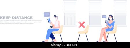 Les personnes qui gardent la distance dans les espaces publics ont droit à une chaise vide dans la file. Concept de distanciation sociale. Nouveau style de vie normal après la pandémie de covid-19 plate caractéristique Illustration de Vecteur
