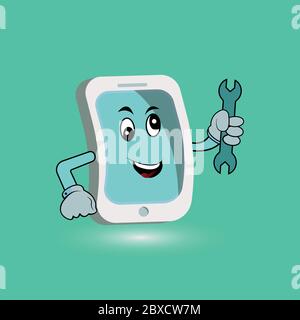 Un service de réparation de téléphone mobile ou peut-être plombier ou mécanicien application personnage de dessin animé mascotte tenant la clé. Illustration vectorielle de conception Illustration de Vecteur