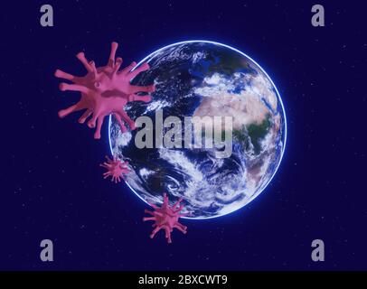 Le coronavirus contrôle la population terrestre. Vue depuis cosmos sur terre attaqué par le coronavirus. Éclosion de coronavirus COVID-19. Image détaillée, dans Banque D'Images