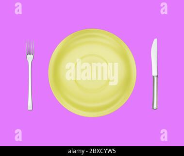 Assiette à dîner, fourchette et couteau jaune vides isolés sur fond rose. Préparation pour les vacances, mise en place de la table, vue du dessus. rendu 3d Banque D'Images