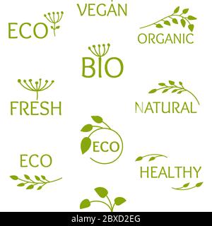 Logo vert Eco sans motif avec feuilles. Symbole emblème pour produit naturel biologique, bio, frais à l'état brut. Végétalien nourriture fraîche et saine. Répéter l'ornement pour l'emballage en papier, le tissu, l'impression. Illustration vectorielle Illustration de Vecteur