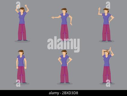 Ensemble de six illustrations vectorielles d'un personnage de dame émotive portant une chemise et un pantalon décontractés dans différents gestes de transmettre la frustration et la colère est Illustration de Vecteur