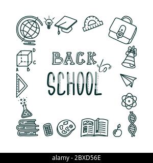 Bannière de retour à l'école carrée avec lettres. Objets dessinés à la main pour les élèves et les élèves. Illustration vectorielle en style doodle Illustration de Vecteur