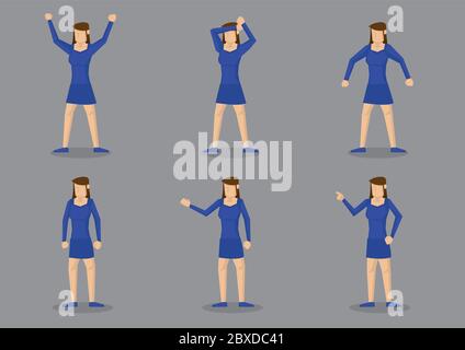 Illustration vectorielle de la jeune fille dans le corps bleu s'adaptant robe courte et assortir les chaussures bleues dans différents gestes. Caractère vectoriel isolé sur le gris ba Illustration de Vecteur