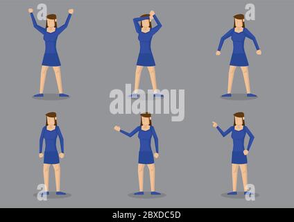 Illustration vectorielle de la jeune fille dans le corps bleu s'adaptant robe courte et assortir les chaussures bleues dans différents gestes. Caractère vectoriel isolé sur le gris ba Illustration de Vecteur