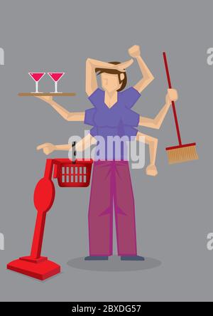 Illustration vectorielle d'une femme occupée avec beaucoup d'armes faisant différentes tâches à la maison en même temps. Illustration de Vecteur