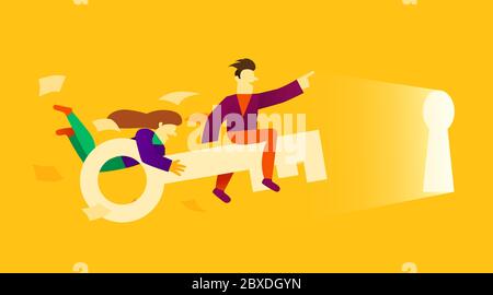 Les personnages de dessin animé s'envolent sur la clé dans le trou de serrure. Travail d'équipe. La clé de la porte. Illustration vectorielle Illustration de Vecteur